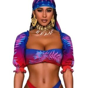 New! BFyne Red Blue Tropical Print Puff Sleeve Bikini Swim Top 2318